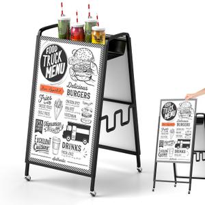 Double-sided Sandwich Board Sidewalk Holder, Heavy Duty A Frame Sign with Lockable Casters & Handle, Metal A Frame Sign for Cafe, Restaurant, 26 x 43 Inch