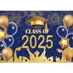 LYCGS 7x5ft Graduation Backdrop Navy Blue and Gold 2025 Graduation Party Backdrop for Class Celebration Prom Decor Banner X-113 (Multi)
