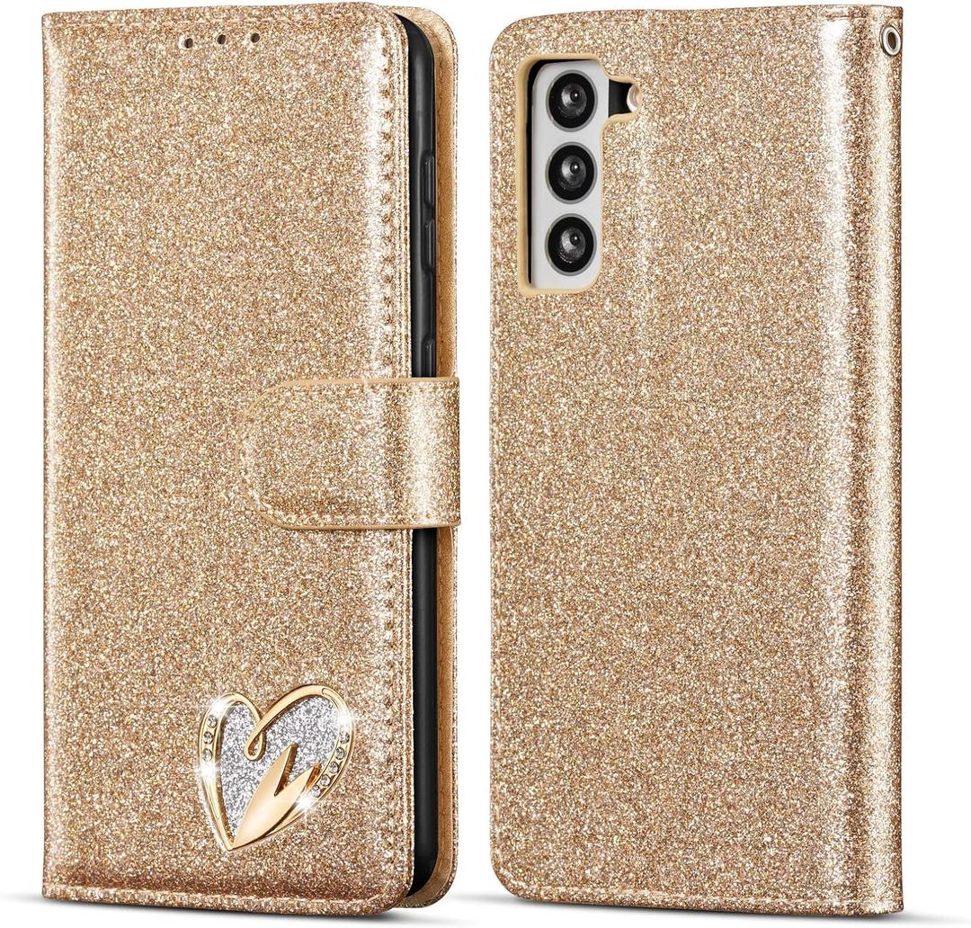 QLTYPRI for Samsung Galaxy S22 Wallet Case Bling Shiny Glitter Flip Folio Case Full-Body Protective Cover Card Slots Magnetic Closure Kickstand Wrist Strap for Women Girls S22 - Gold