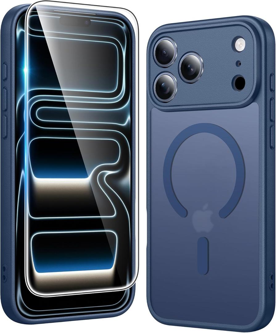 FNTCASE for iPhone 17 Pro-Max Case: Matte Magnetic Phone Cases with Screen Protector Compatible with Magsafe Slim Anti Yellowing Rugged Shockproof Protective Translucent Cell Phone Cover (C-Blue)
