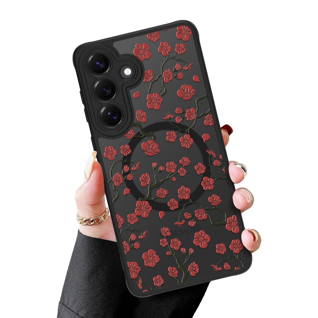 MZELQ Magnetic Case for Samsung Galaxy S26, Red Plum Bossom Floral