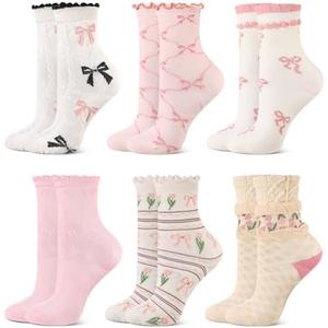 Glitopper 4 Pairs Coquette Bow Socks Womens Cute Ruffles Ankle Crew Mid Tube Sock Frilly Lace Cottagecore Flower Socks Pink White Breathable Girly Pretty Coquette Aesthetic Clothes