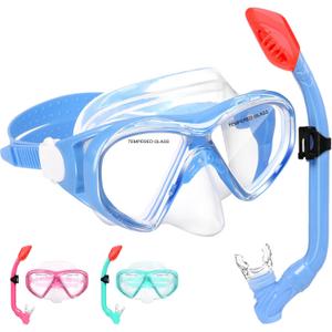 Kids Snorkel Set Dry Top Snorkeling Gear for Kids Youth Boys Girls Junior Age 5-15,Tempered Glass Swimming Diving Mask and Snorkel Set 180 Degree Panoramic View (Light Blue)