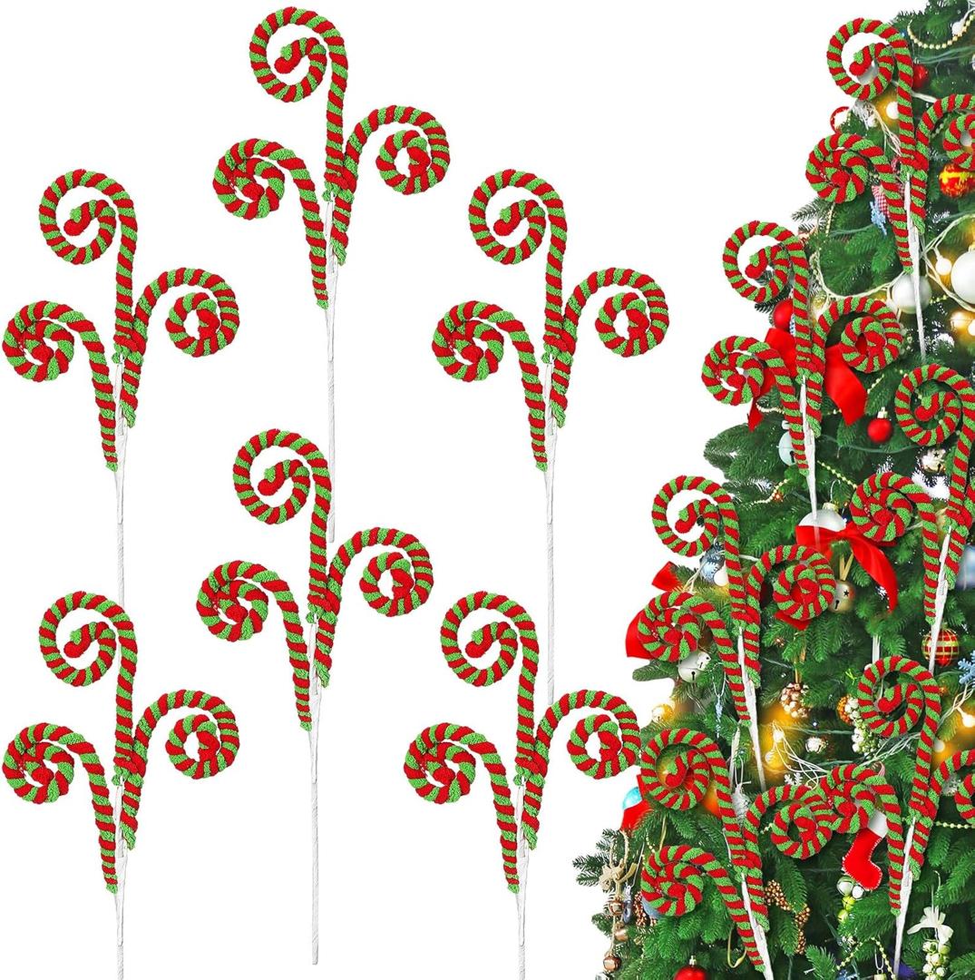 Janinka 12 Pcs Red Green Candy Christmas Tree Picks 11.81 Inches Woolen Bells Candy Cane Curly Picks for Xmas Tree Topper Branches Ornaments Vase Filler Home Decor