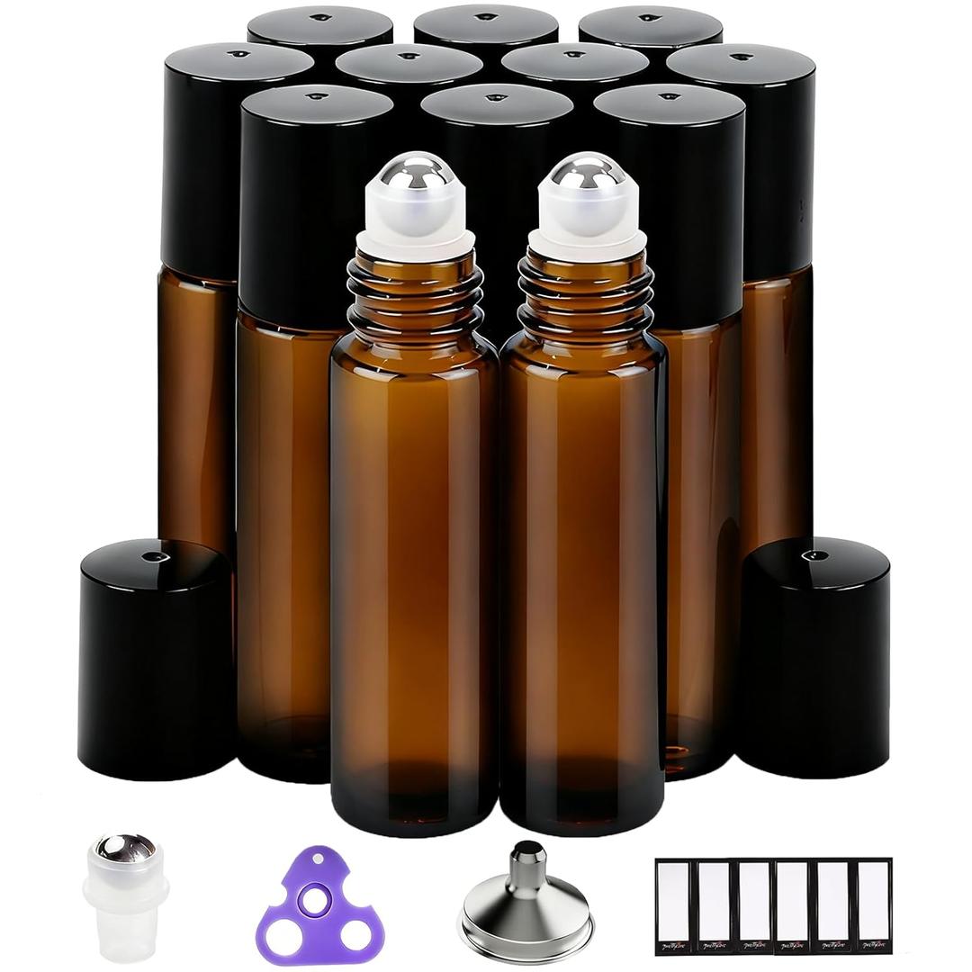 PrettyCare 12-Pack Amber Glass Roller Bottles for Essential Oil with Stainless Steel Roller Ball - 10 ml Refillable Leak-proof Empty Roll on Bottles with Caps for Perfume, DIY, Beauty & Personal Care