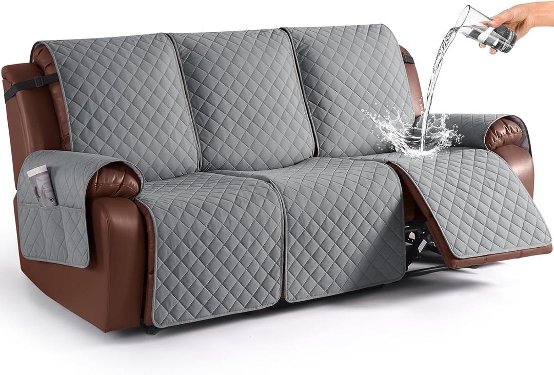 KinCam Waterproof Recliner Sofa Cover, Recliner Couch Covers for 3 Seat Reclining Sofa Cover Furniture Protector with Elastic Straps for Kids, Pets, Grey