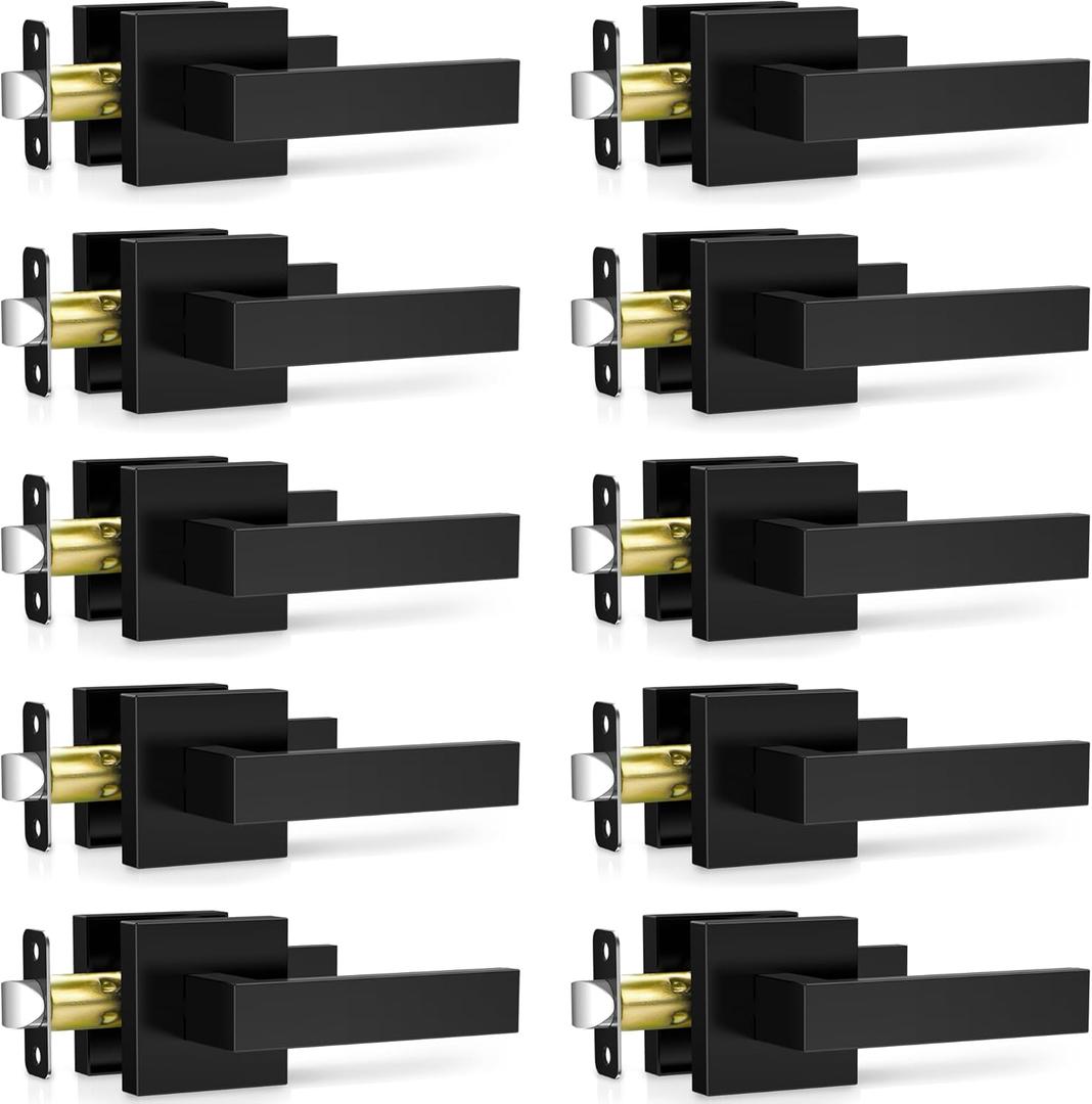 Plustool 10 Pack Matte Black Door Handles Interior, Passage Door Knobs Closet Door Levers for Hallway, Heavy Duty Square Doorknob Non-Locking Handlesets for Left & Right Sided Doors