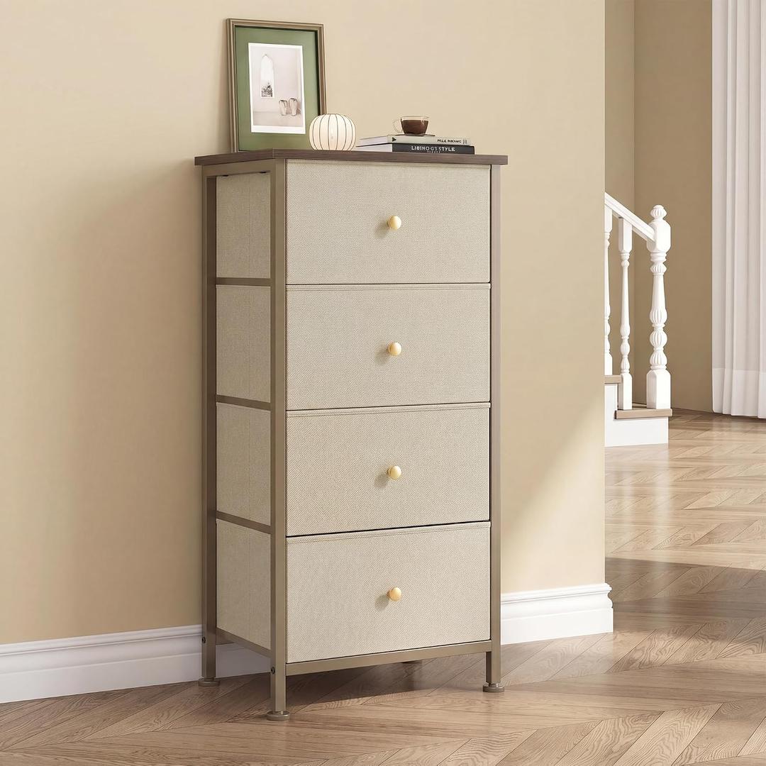 DUMOS Nightstand, Bedside Table with 4 Fabric Drawers, 11.8"D x 17.7"W x 37.4"H