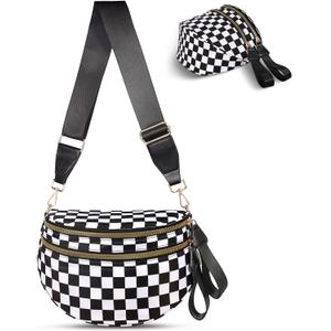 Checkered Crossbody Bag,Nylon Bum Bags for Women Crossbody,Spacious Sling Bag Purse Fanny Packs with Shoulder Strap (Blackwhite)