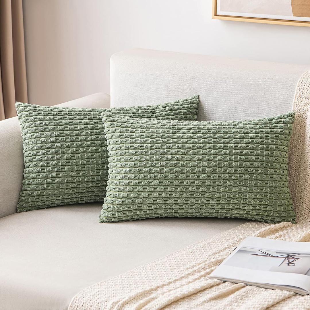 MIULEE Pack of 2 Decorative Lumbar Throw Pillow Covers 12x20 Inch Soft Boho Striped Textured Corduroy Pillow Covers Modern Farmhouse Home Decor for Couch Bed Sofa Living Room Sage Green
