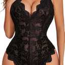 Avidlove Sexy Lingerie for Women Deep V Teddy Sheer Lace Bodysuit Snap Crotch One Piece Babydoll (Double Layers - Black), XL