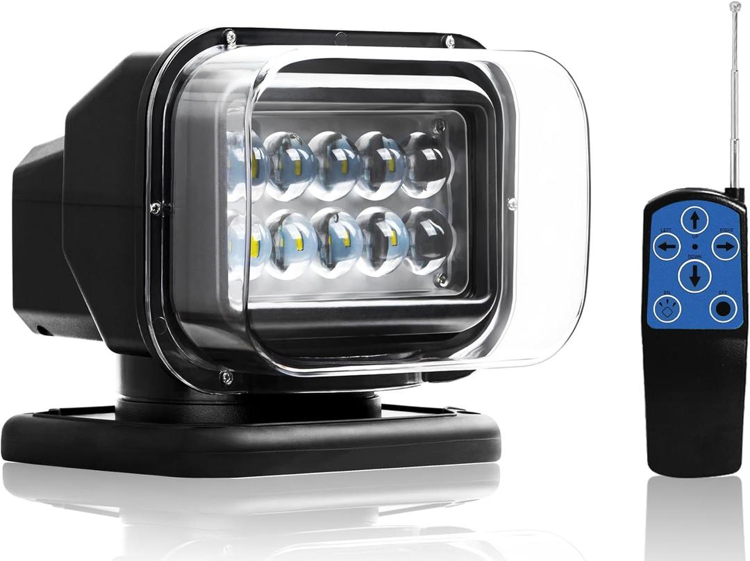 Remote Search Lights for Truck, Auto-Reset 360 Rotating Spot Light for Trucks, LED Marine Spotlight for Boat 6 Powerful Magnets Built-in 12V 24V (Black)