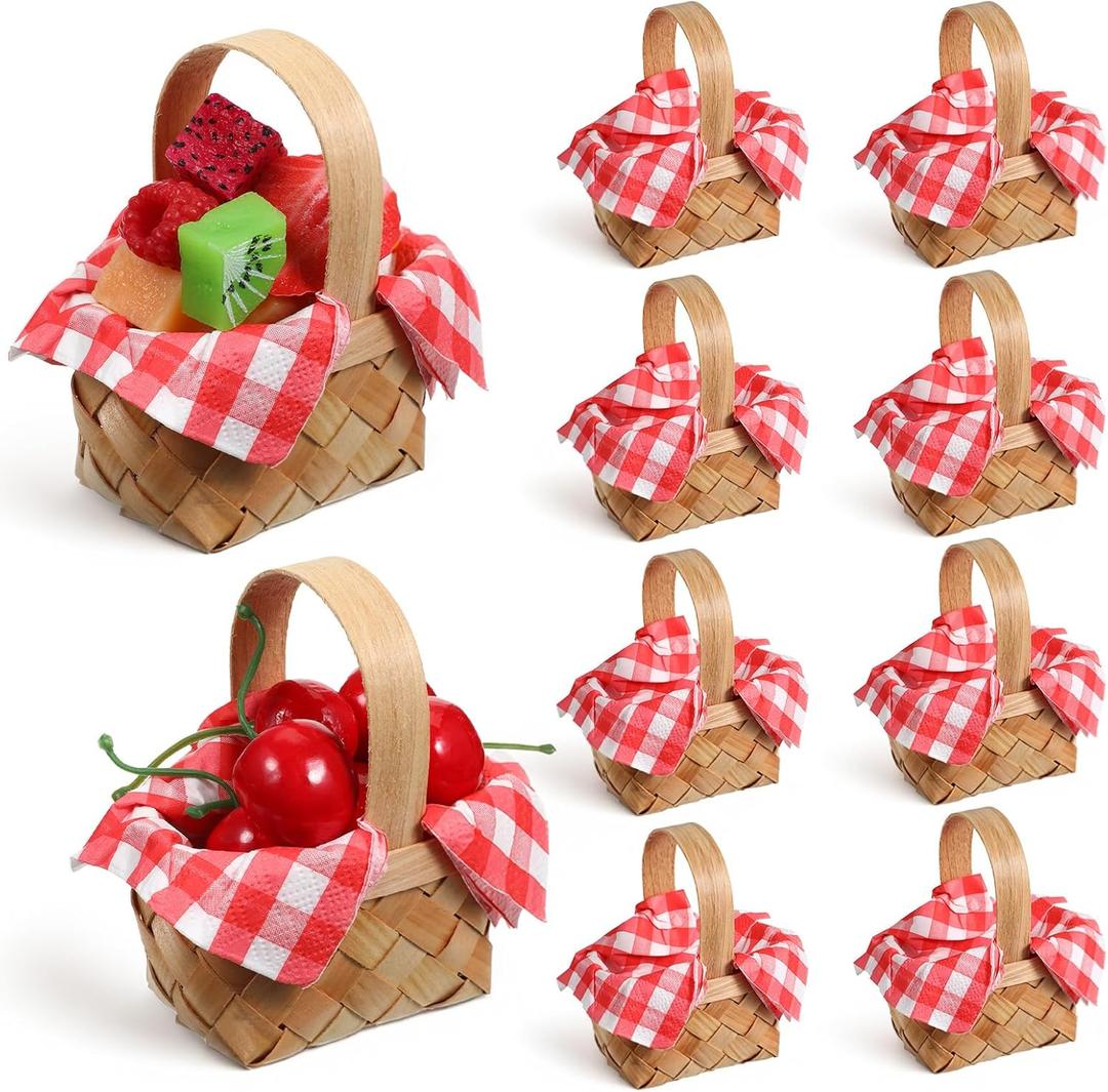 SHENLIU 12 PCS Mini Woven Wooden Baskets with Handles Includes 20 Red Plaid Napkins, Mini Wood Chip Baskets Tiny Flower Candy Container for Wedding Party Favors Farmhouse Decor