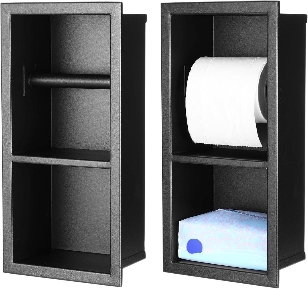 Honeydak Recessed Toilet Paper Holder 304 Stainless Steel Tissue Paper Holder Bathroom Storage in Wall Tissue Toilet Roll Frame Space Saving Restroom Napkin Frame (Black,1 Pcs)