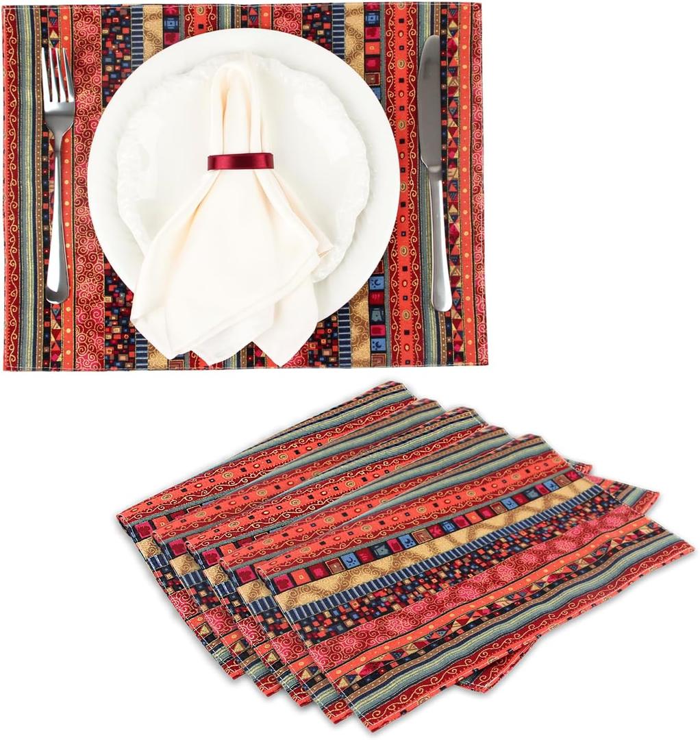 Bohemian Style Placemats Set of 6 Washable Table Mats Set 16x12 Inch Cotton and Linen Material Placemats Red