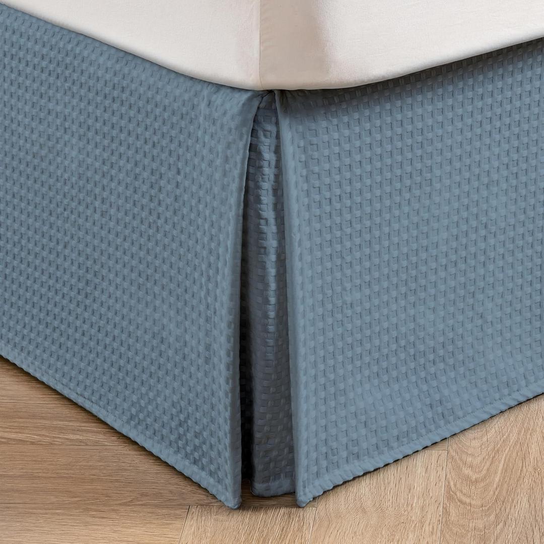 MIYE Pleated Waffle Weave Bed Skirt, Tailored Dust Ruffle 22 Inch Drop Easy Fit, Machine Washable (Blue, TwinXL - 22" Drop)