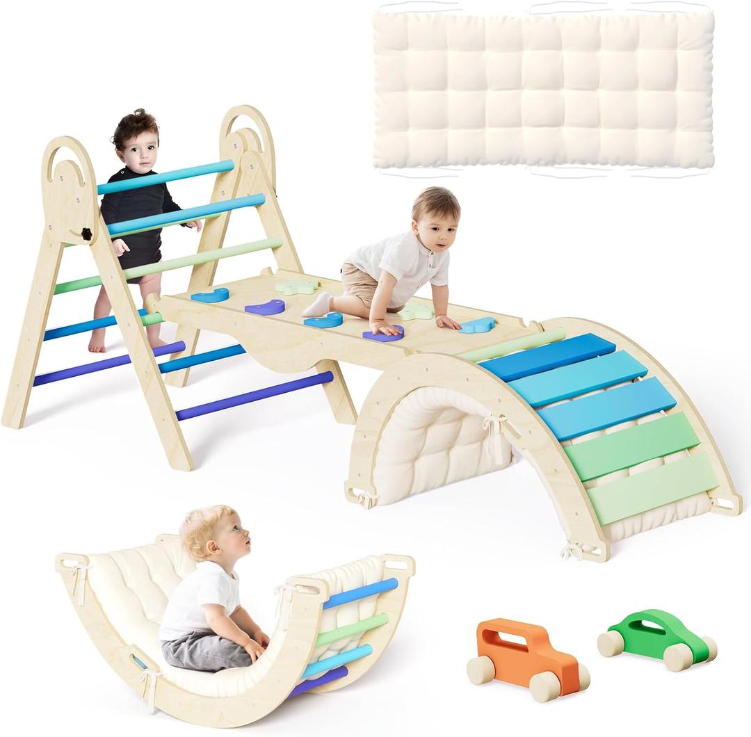 ElegantCrafts Pikler Triangle Set with Cushion, Montessori Climbing Set, Indoor Climb Toys, Indoor Playground Jungle Gyms, 9 Combinations Climbing Toy Set for Toddler, Baby, Kids 1-4, 82.7x24.4x31.5 inches