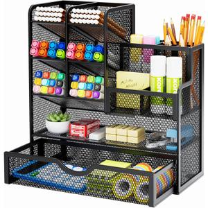 Marbrasse Mesh Pen Holder for Desk, MultiFunctional Pencil Organizer with Drawer, Desk Organizers and Accessories for Office Art Supplies (Black)