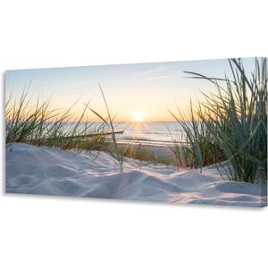 Beach Sunset Canvas Wall Art-Coastal Sand Dunes with Beach Grass Picture, Nature Ocean Landscape, Modern Seascape Artwork for Living Room, Bedroom, Bathroom Decor, Framed Ready to Hang, 58"L x 29"W, Beige