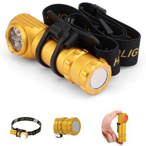 High Lumens LED Rechargeable Headlamp for Adults - Hard Hat Light Running Head Lamp with Red Light, Magnet, 180 Tilt, 7 Modes, Detachable Flashlight & Headband, Outdoor, Emergency 1PC, Gold