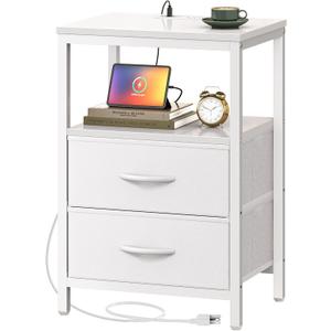 Huuger Nightstand with Charging Station, Side Table with 2 Fabric Drawers, End Table with Open Shelf, Bedside Table with USB-C Port and Outlets, Night Stand, PU Leather, White