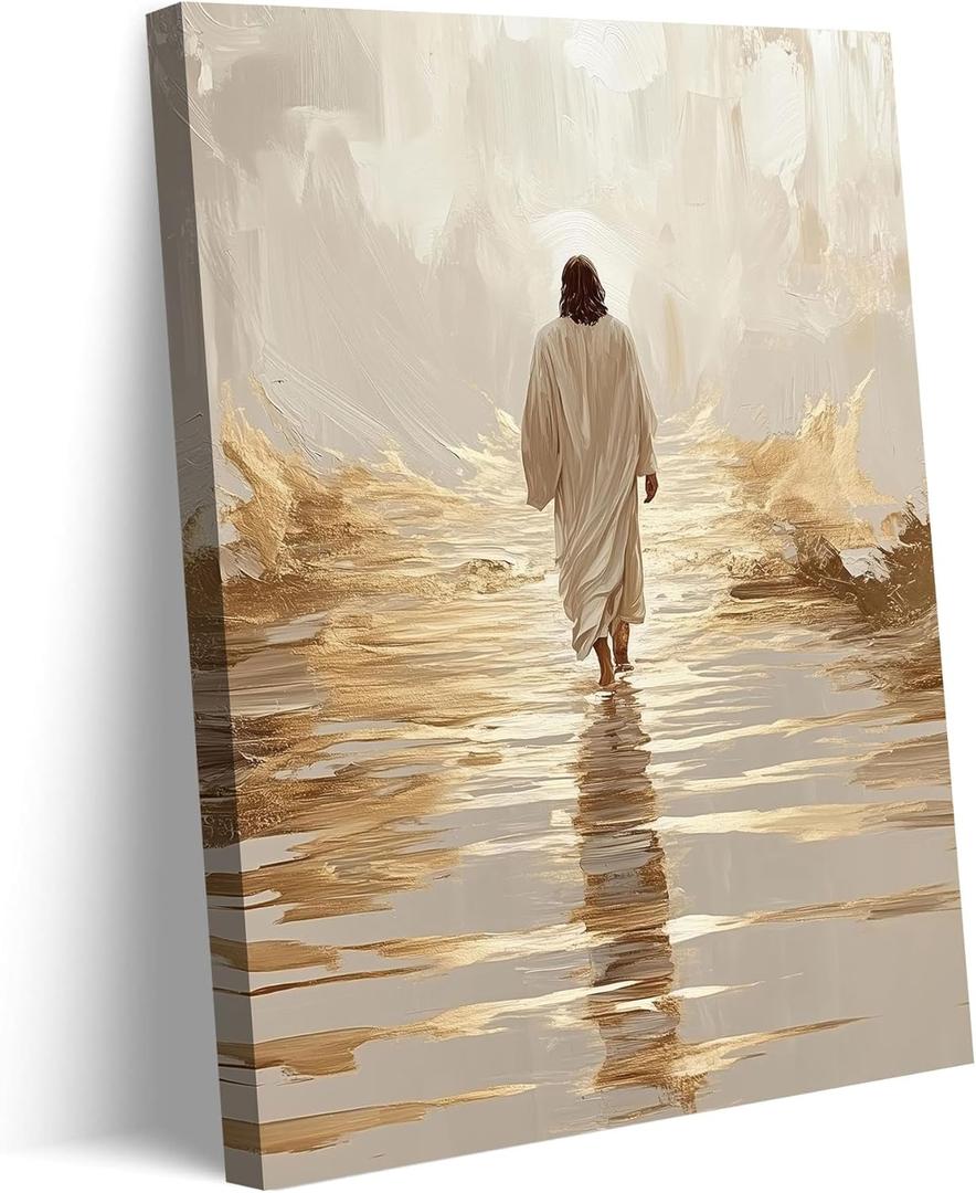Jesus Walking On Water Canvas Wall Art Christ God Maritime Sauntering Wall Decor Picture I With Jesus Peers Bible Stories Poster Print Painting for Christian Home Decoration Prepare To Hang (24L" x 16W"-canvas),  Golden Jesus