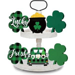 Qunclay 6 Pcs St. Patrick's Tiered Tray Decor Wooden Decor Shamrock Table Decorations Clover Sign Saint Paddy's Home Decoration Centerpiece Farmhouse Table Blocks for Party Mantle Shelf