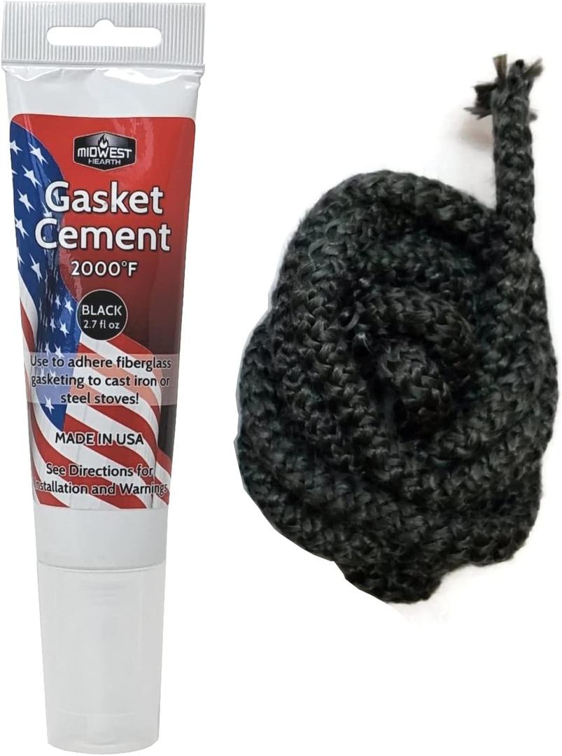 Midwest Hearth Wood Stove Replacement Gasket Kit  Made in USA Graphite Impregnated Fiberglass Rope Gasket & 2000F Adhesive Cement for Woodburning Stoves (3/8" x 84" Rope)