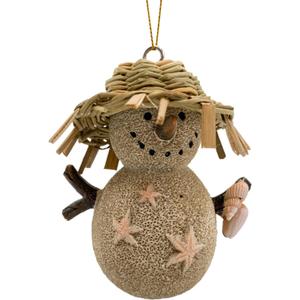 Needzo Christmas Sand Snowman Ornament for Holiday Tree, Hanging Beach Figurine with Straw Hat and Seashells, Coastal Home Decor, 4 Inches