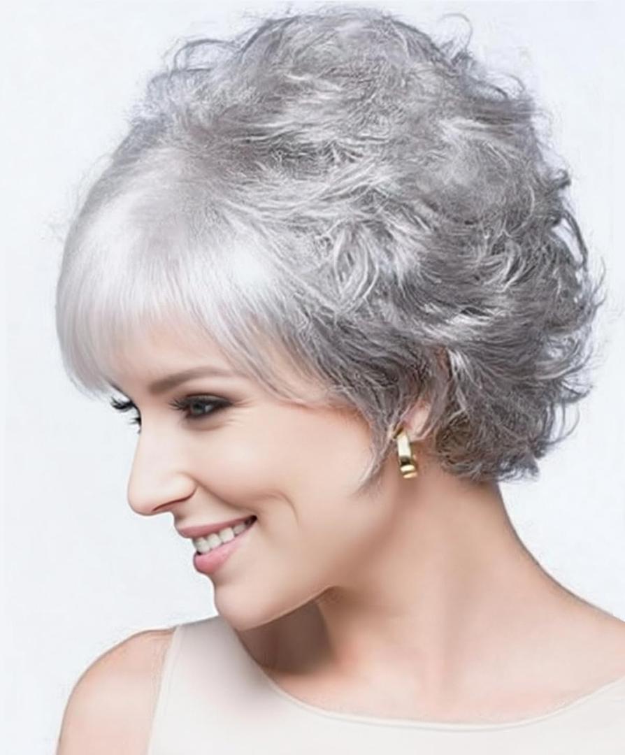 SEVENCOLORS Short Gray Wigs for White Women Natural Curly Silver Pixie Cut Wigs with Bangs Synthetic Hair Grey Wig for Older White Women