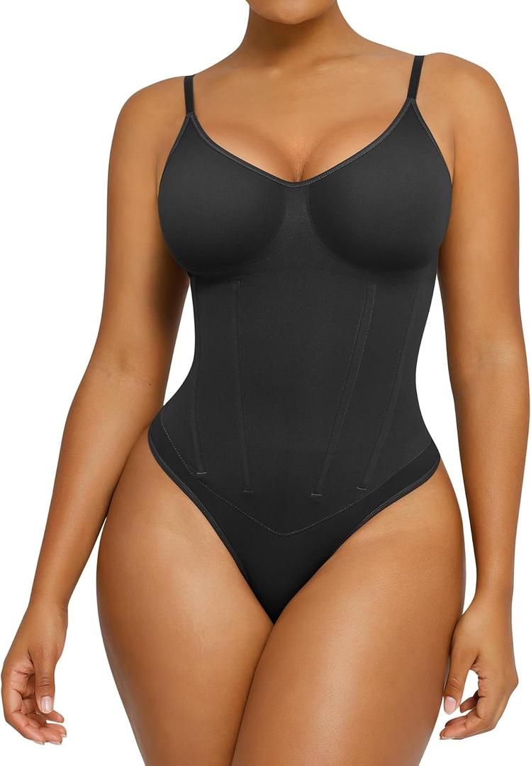 SHAPELLX Womens Shapewear Tummy Control Thong Slimming Body Shaper Seamless Compression Top Waist Boning Corset Bodysuit (Medium-Large, Black)
