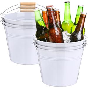 Zopeal 6 Pcs Large Metal Bucket Beer Bucket Galvanized Steel Pail with Handle for Gifts Basket Ice Candy Party(9 x 7 x 7 Inch,White)