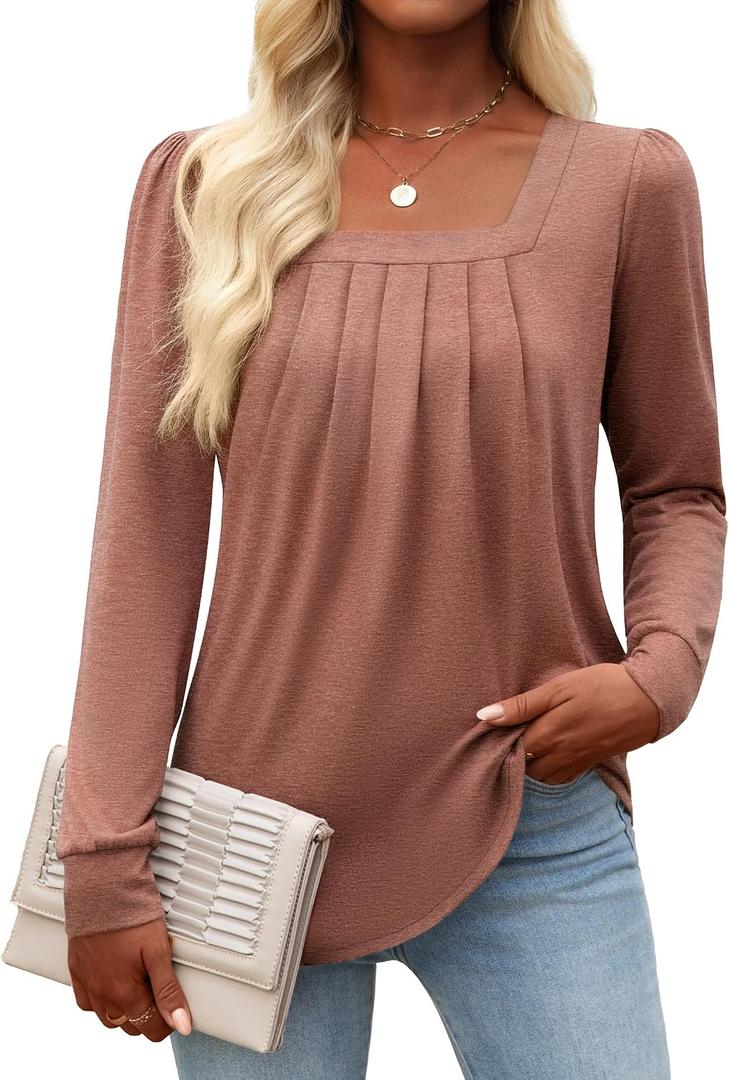 Funlingo Women's Puff Long Sleeve Tops Dressy Casual Square Neck Pleated Work Blouse Fall Trendy Tunic Flowy Chiffon Shirts (XXL)