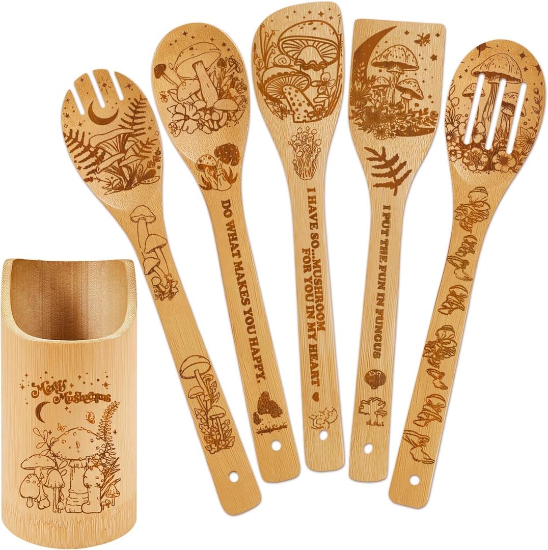 Mushroom Kitchen Decor Bamboo Wooden Spoons With Utensil Holder-Mushroom Kitchen Accessories for Cooking-Home Decorations Gifts for Women-Housewarming, Birthday, Christmas, Thanksgiving Day Gift6PCS