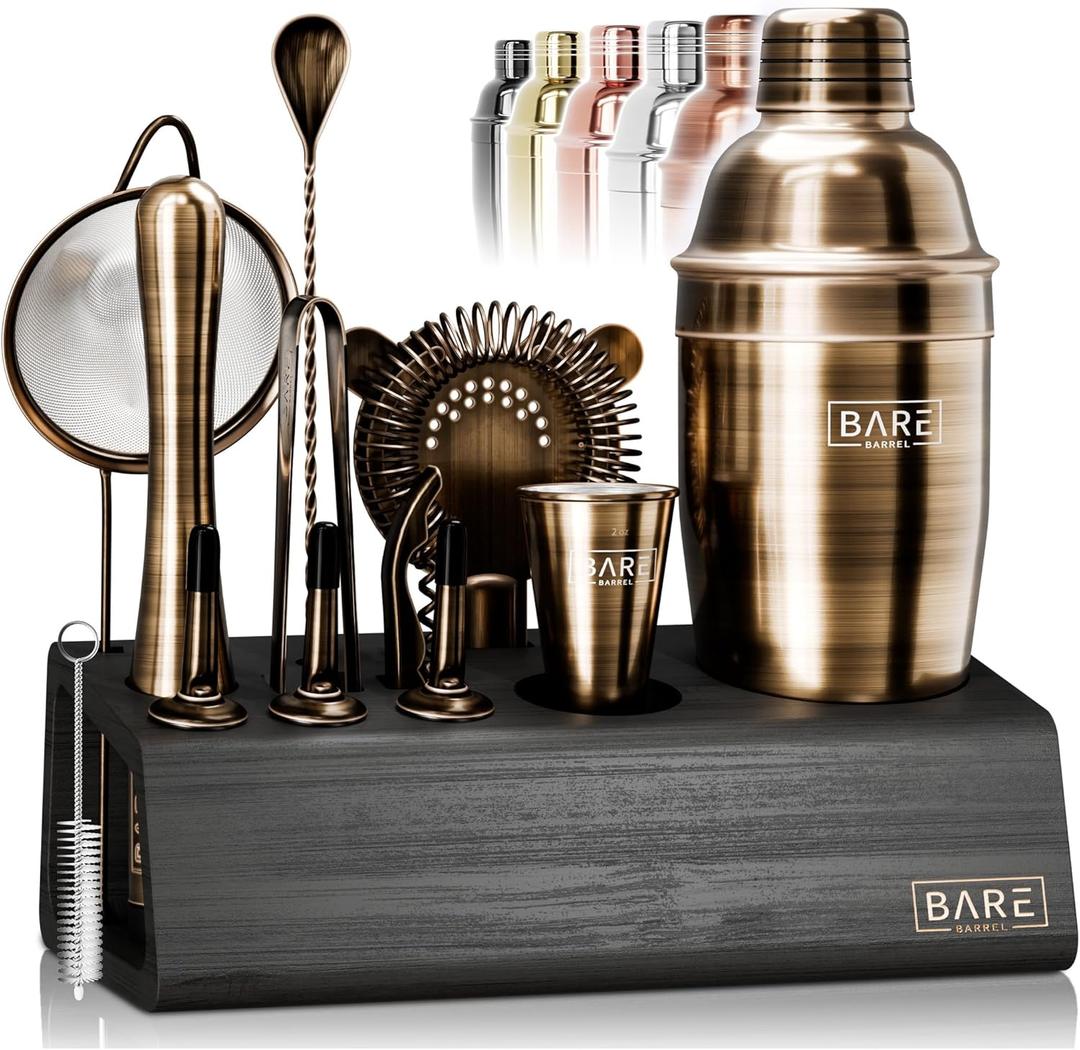 BARE BARREL® Mixology Bartender Kit Bar Set | 14-Piece Martini Cocktail Shaker Set | Professional Barware Mixing Tools for Home Bartending | Stand & 35 Recipe Cards | Gift Set (Brushed Brass)