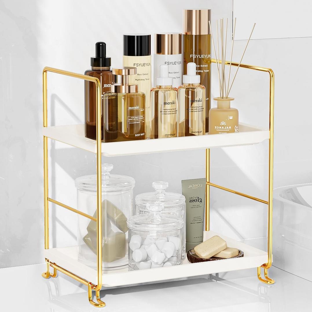FSyueyun 2-Tier Bathroom Countertop Organizer, Tool-Less Installation Premium Plastics Makeup Shelf Organizer Perfume Skincare for Dresser Vanity Tray Organizers and Storage (Gold)