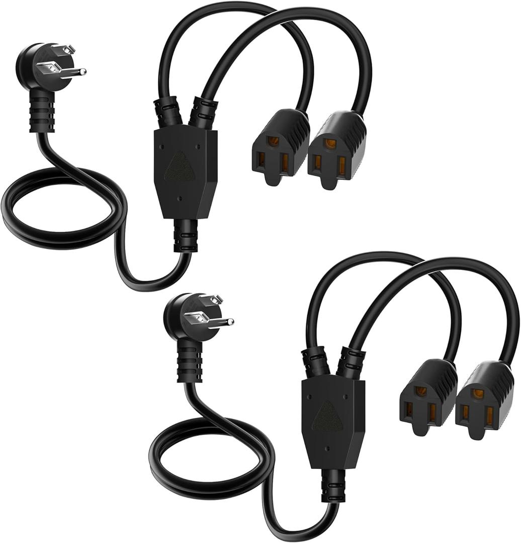Elecan 3-Prong Y Splitter Power Extension Cord 2 Ft/2 Pack, 45-Degree Angled Flat Plug 1 to 2 Way Outlet Space Saver, Heavy Duty Weatherproof SJTW,16AWG 13A,5-15P Cable Extender for Indoor Outdoor-ETL