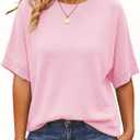 Saodimallsu Womens Short Batwing Sleeve Sweaters Oversized Crew Neck Casual Basic Knit Pullover Tops Shirt (Pink)