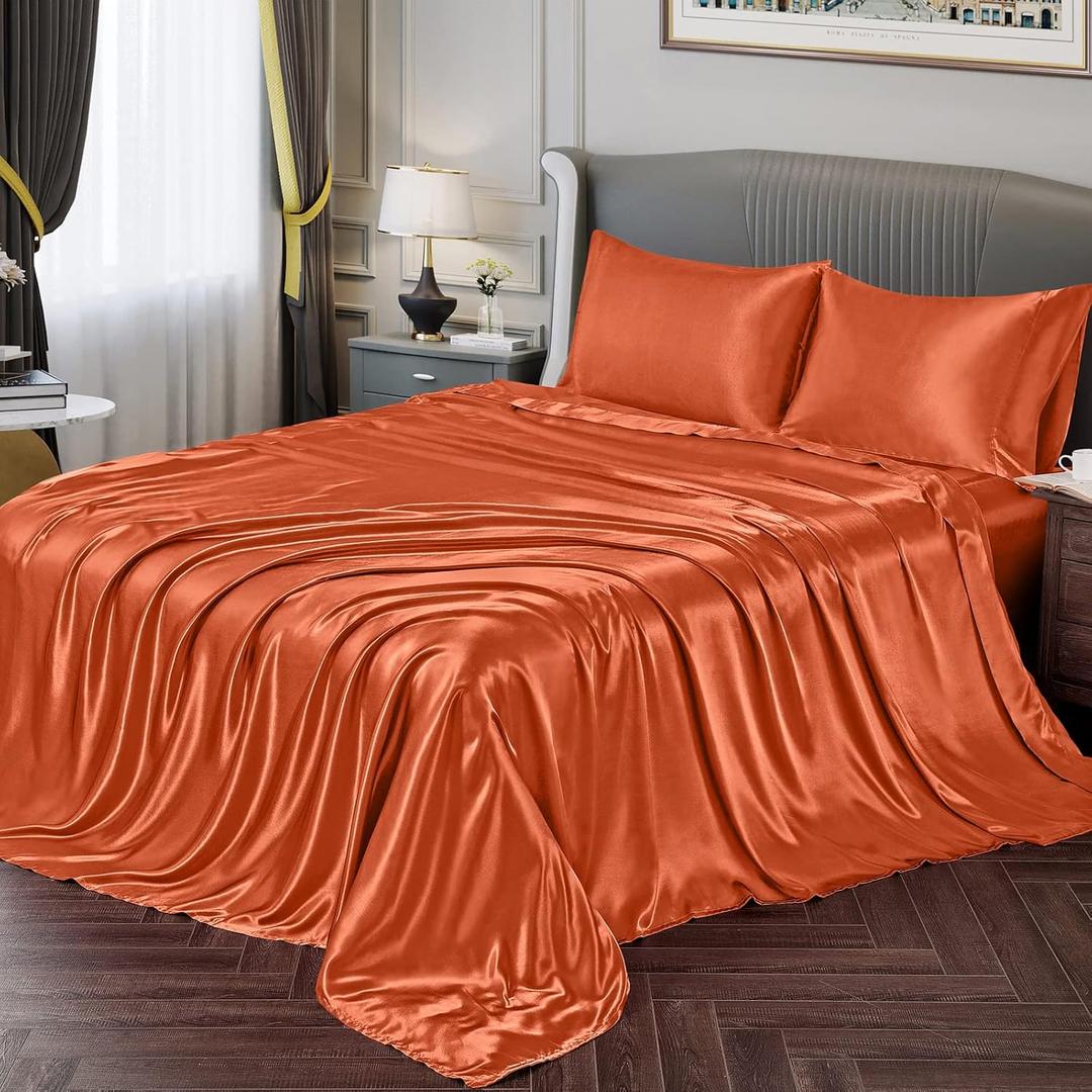 Vonty Satin Sheets Twin Silky Soft Satin Bed Sheets Rust Orange Sheet Set, 1 Deep Pocket Fitted Sheet + 1 Flat Sheet + 1 Pillowcases, Burnt Orange
