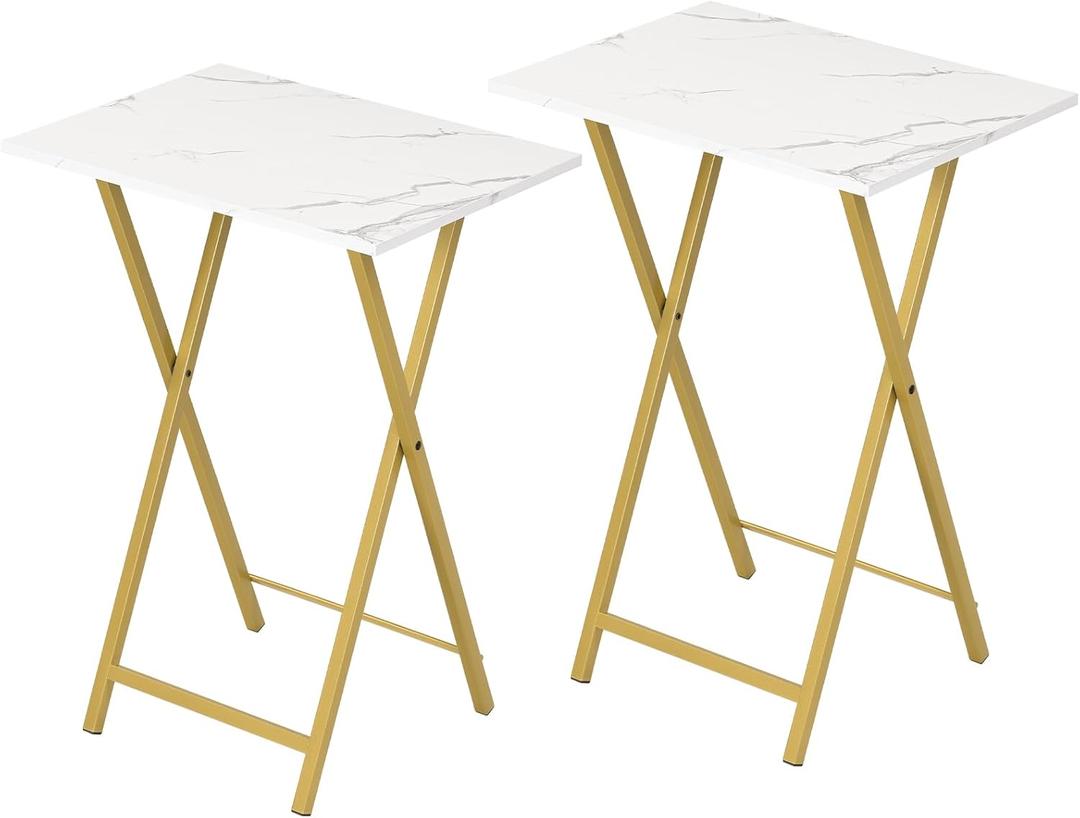 HOOBRO Folding TV Tray Tables, Set of 2 Side Table for Small Space, Industrial Snack Tables for Eating at Couch, Stable Metal Frame, Easy Assembly, Space Saving, Marble and Gold DM25BZ01, 18.9l X 14.2w X 26.2h
