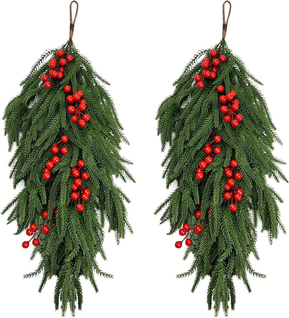 2 Pcs Christmas Teardrop Swag - Christmas Door Swags Faux Pine Cedar Teardrop Wreath with Red Berry for Window Wall Home Indoor Outdoor Xmas Decor