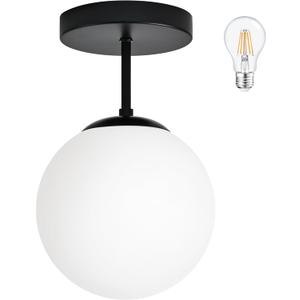 Bagood 8" Black Semi Flush Mount Ceiling Light Fixture Milk Glass Globe Ceiling Light Fixtures Hallway Light Fixtures Mid Century Ceiling Lights Matte Black Finish for Entryway Foyer (Bulb Incl.)