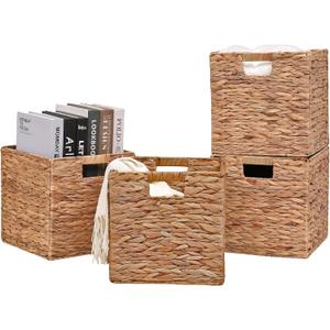 Wicker Storage Cubes Foldable Water Hyacinth Baskets,Handwoven Storage Baskets for Shelves,Kitchen or Outdoor,Set of 4 Pcs,11.2x11.2x11.2inch