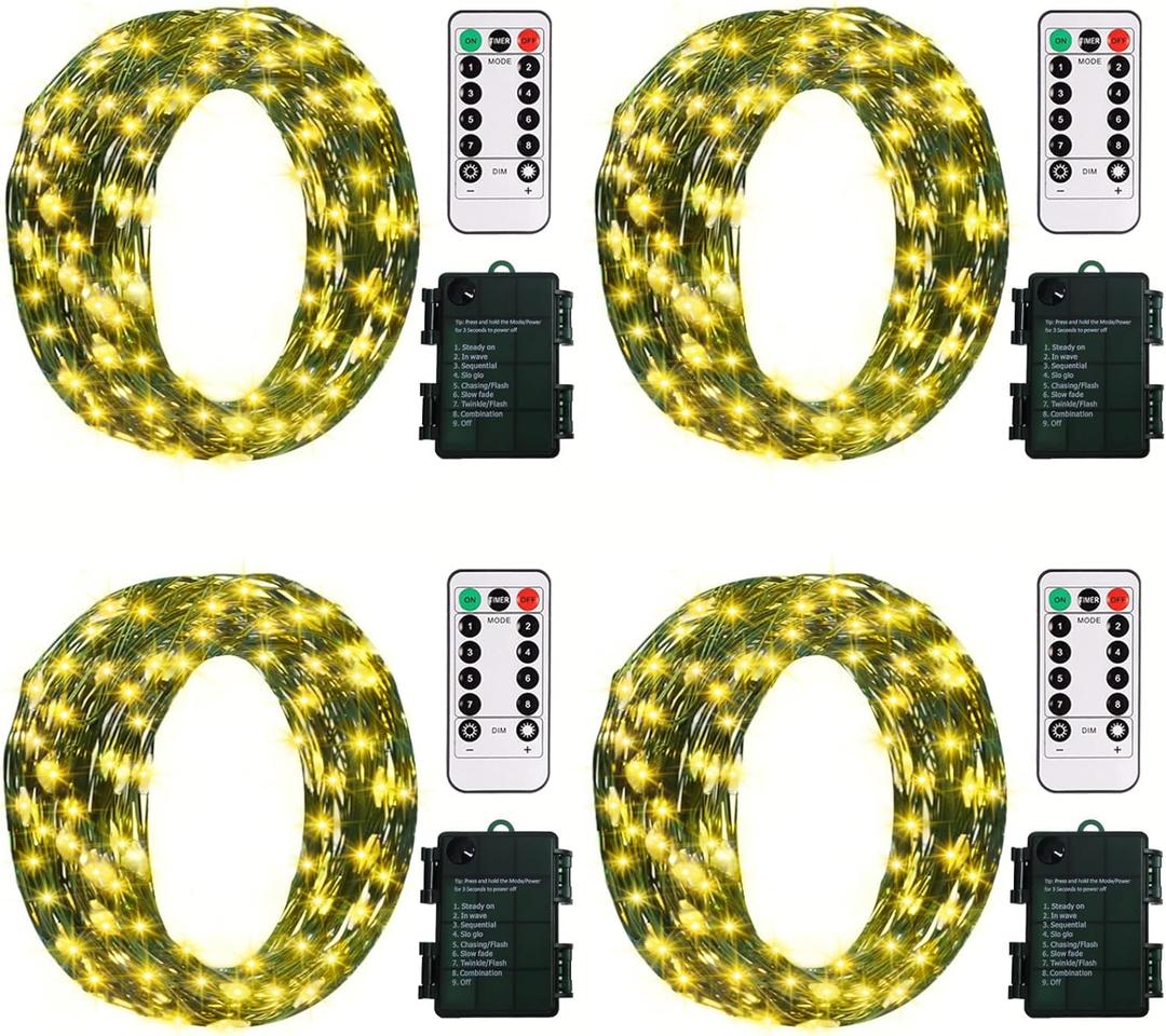 ZAIYW Battery Fairy Lights 4 Pack 16.5Ft 50 LED Fairy Lights with Remote Timer 8 Modes, Dark Green Copper Wire Waterproof Fairy String Lights for Bedroom Christmas Tree Garland Decor (Warm White)