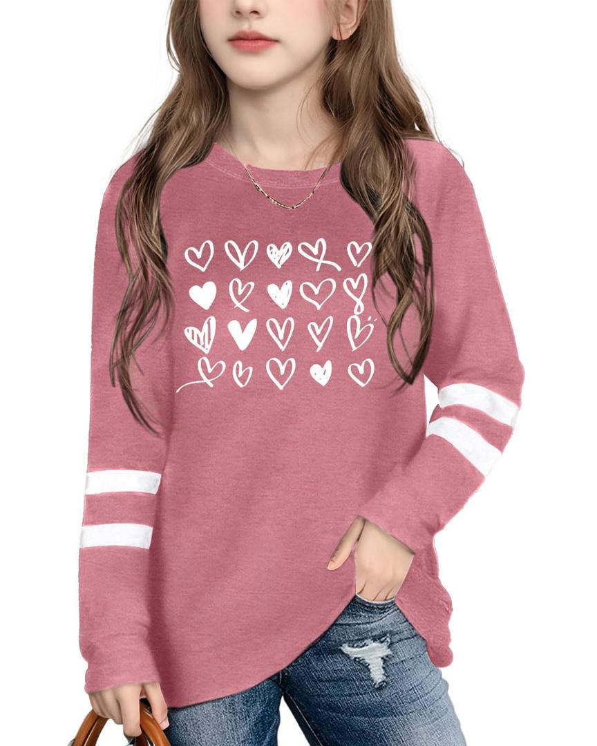Ithalt Kids Valentine Shirt Girls Valentines Shirts Cute Heart Graphic Long Sleeve Tee Tops 4-14y(APink1,110)