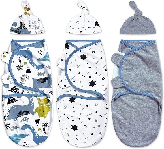SEZUO Boys Swaddle Set, Large, 3pcs Wrap Blankets with 3pcs Baby Cotton Caps,3-6 Months (Doodle Dinosaur)