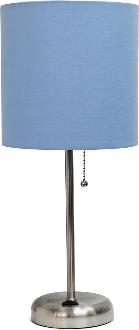 Simple Designs LT2024-BLU Brushed Steel Stick Table Desk Lamp with Charging Outlet and Drum Fabric Shade, Blue Shade (Single Pack)