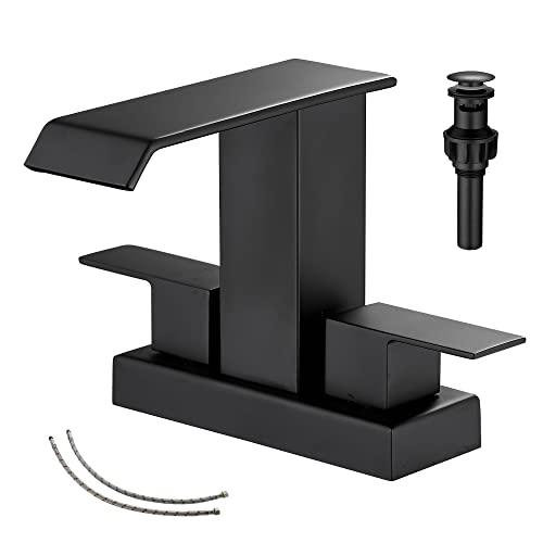 GGStudy Bathroom Faucet Matte Black Modern 2 Handles 4 Inches Centerset RV Black Waterfall Bathroom Vanity Faucet with Drain Assembly