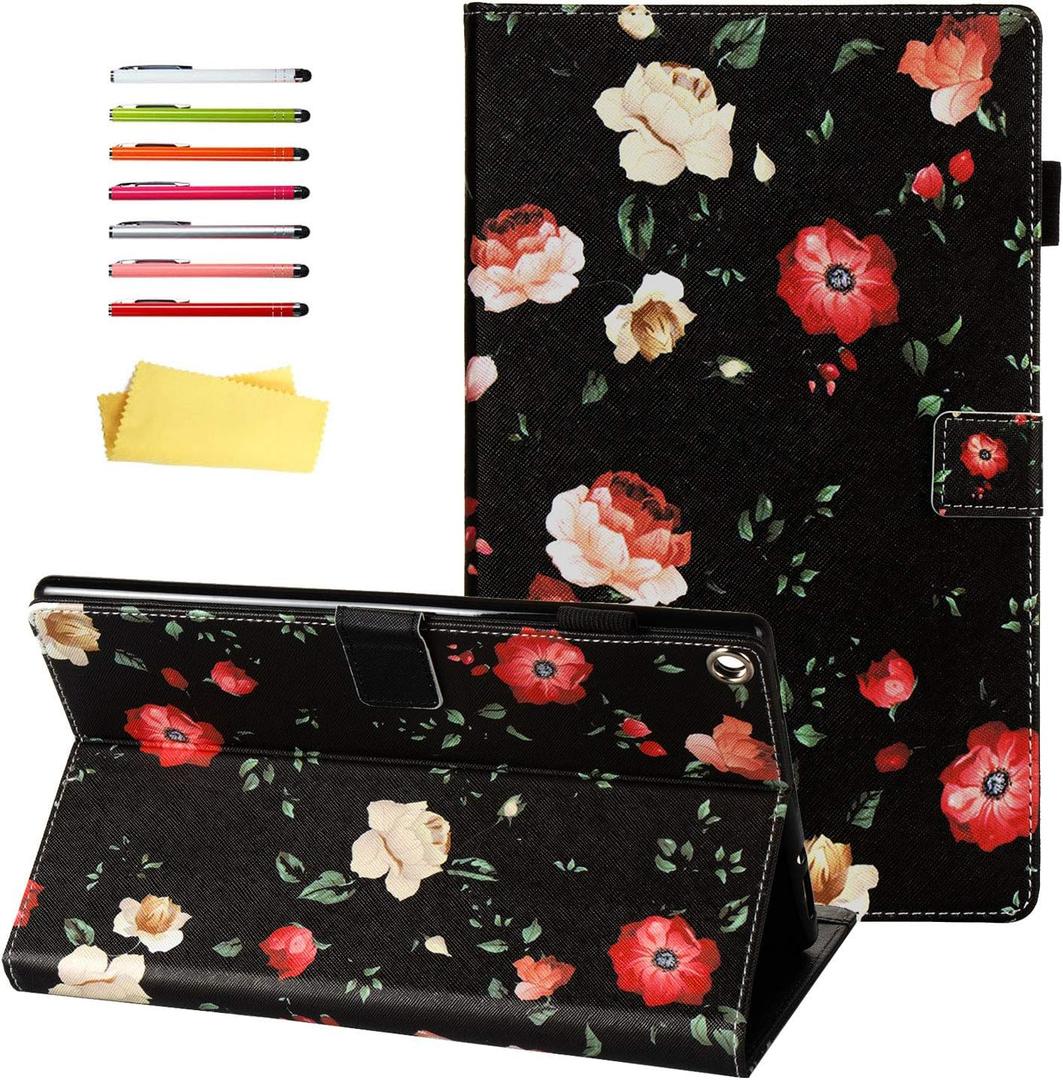 for Amazon Kindle Fire HD 10 Case 10.1 inch Tablet 9th/ 7th Generation (2019/2017) with Pencil Holder/Card Pockets [Auto Wake/Sleep] Smart PU Leather Folio Stand Cover, Black Rose Flower