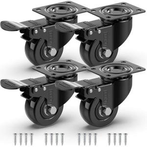 GBL 2" Heavy Duty Caster Wheels with Brakes + Screws - up to 440Lbs - Set of 4 No Floor Marks Silent Castor for Furniture - Rubbered Trolley or Pallet Swivel Wheels - Black Casters